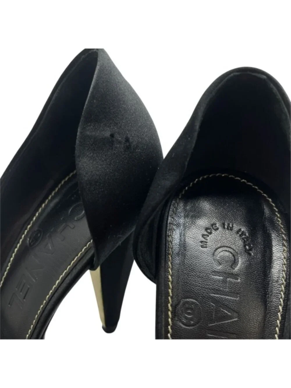 Chanel Pumps High Heels Open Toe Satin Leather Black Gold Shoes Casual
